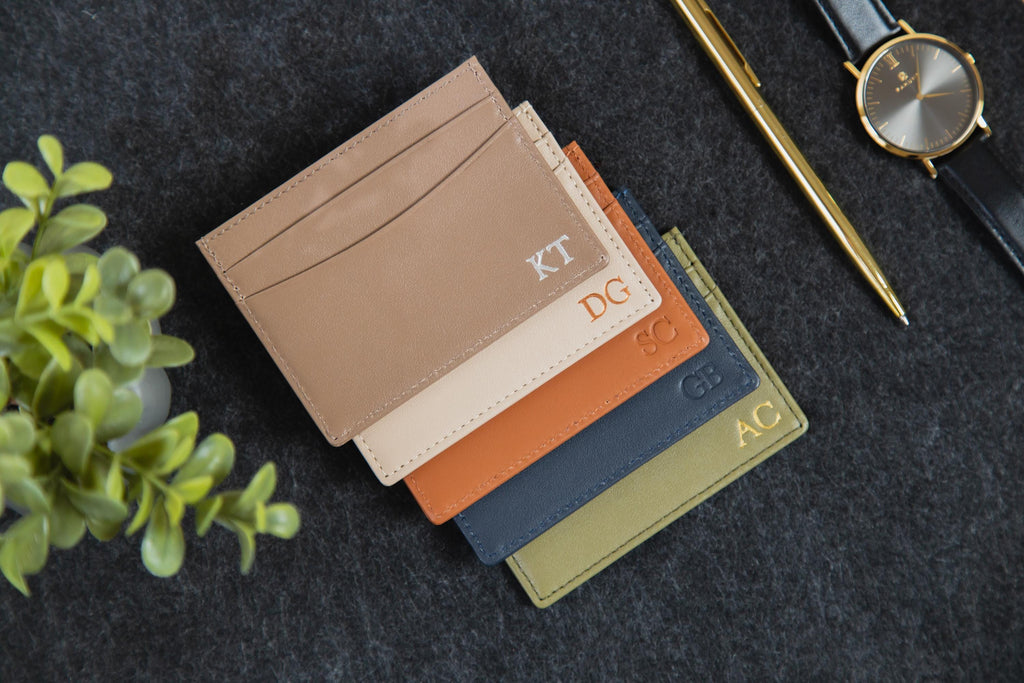 Embossed Leather card holder - custom monogram name initials slim money id wallet, 3rd anniversary gifts for him her, mom dad gift ideas