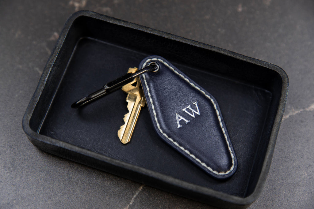 Embossed Diamond Leather Keychains (Small Initials) - Minimalist Leather Key Ring Organizer, Bag Tag, Custom Gift for Husband Dad Boyfriend