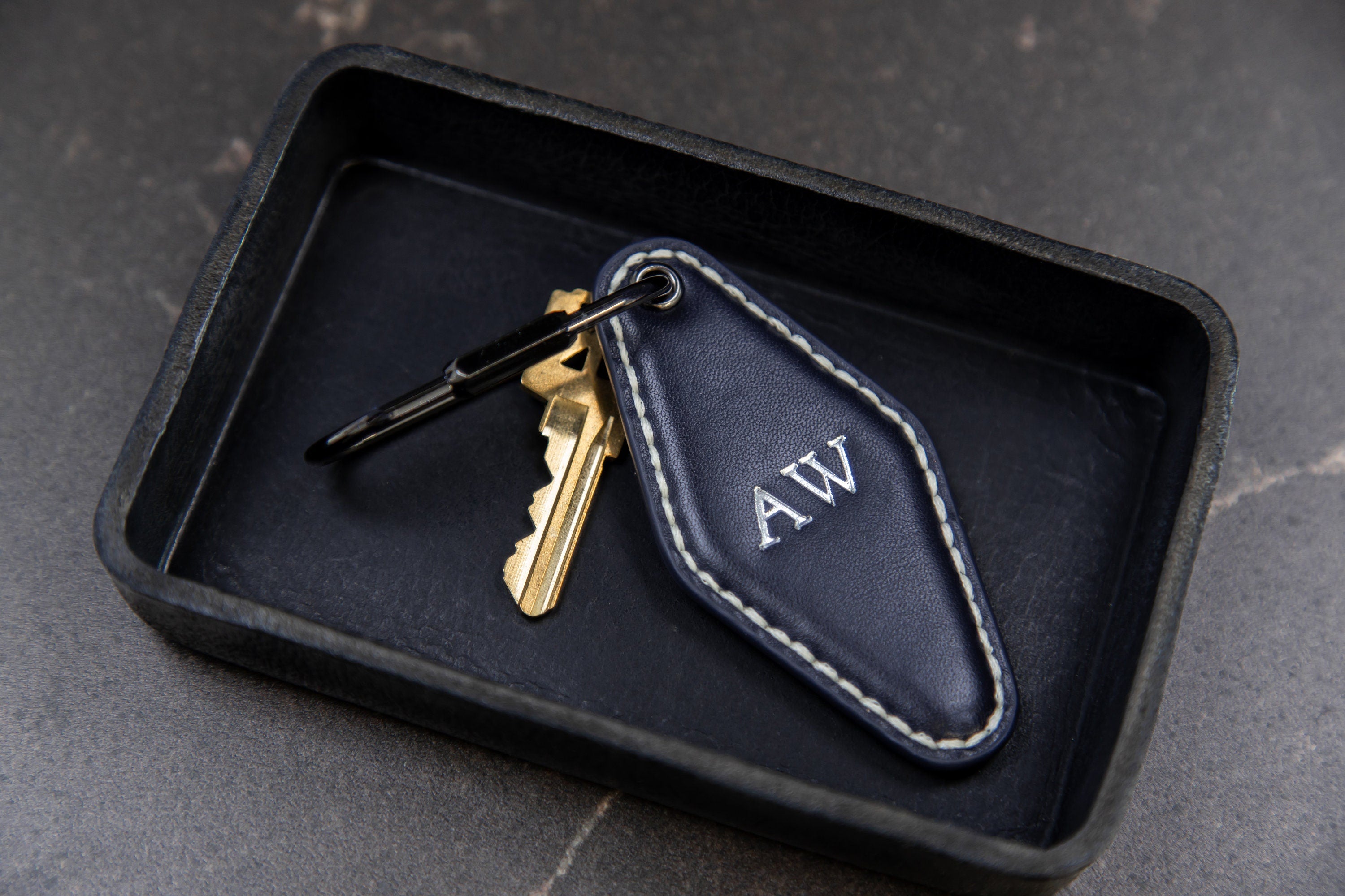 Embossed Diamond Leather Keychains (Small Initials) - Minimalist Leather Key Ring Organizer, Bag Tag, Custom Gift for Husband Dad Boyfriend