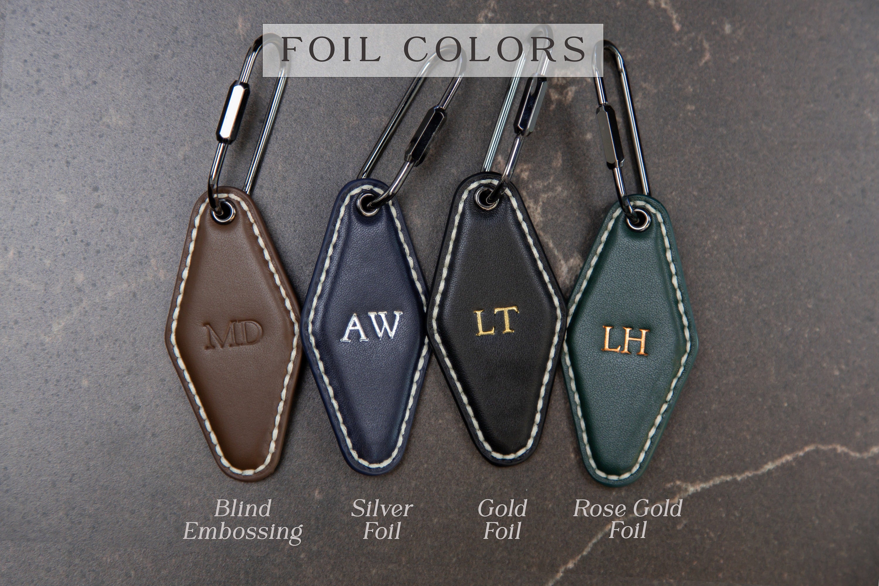 Embossed Diamond Leather Keychains (Small Initials) - Minimalist Leather Key Ring Organizer, Bag Tag, Custom Gift for Husband Dad Boyfriend