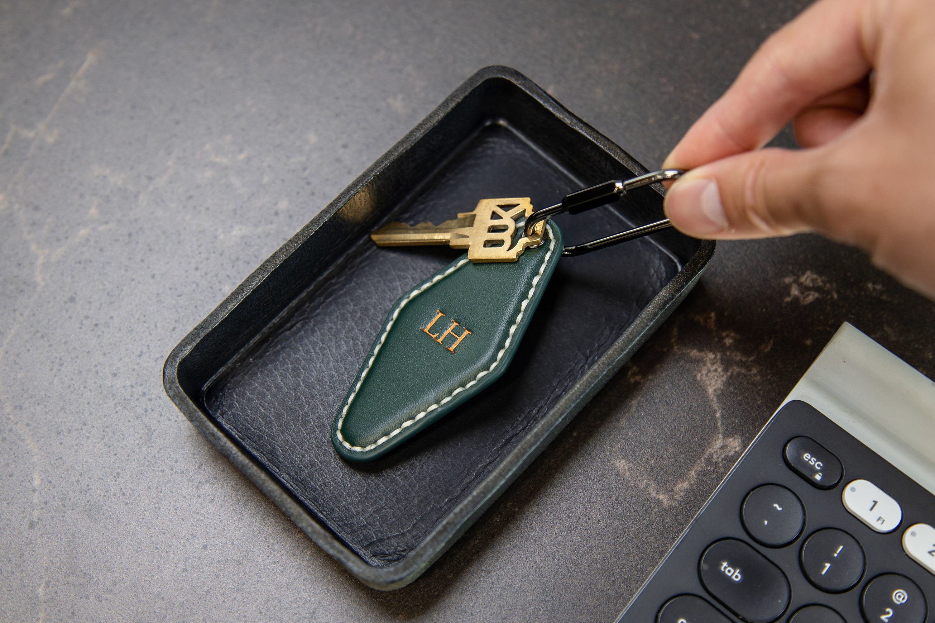 Embossed Diamond Leather Keychains (Small Initials) - Minimalist Leather Key Ring Organizer, Bag Tag, Custom Gift for Husband Dad Boyfriend