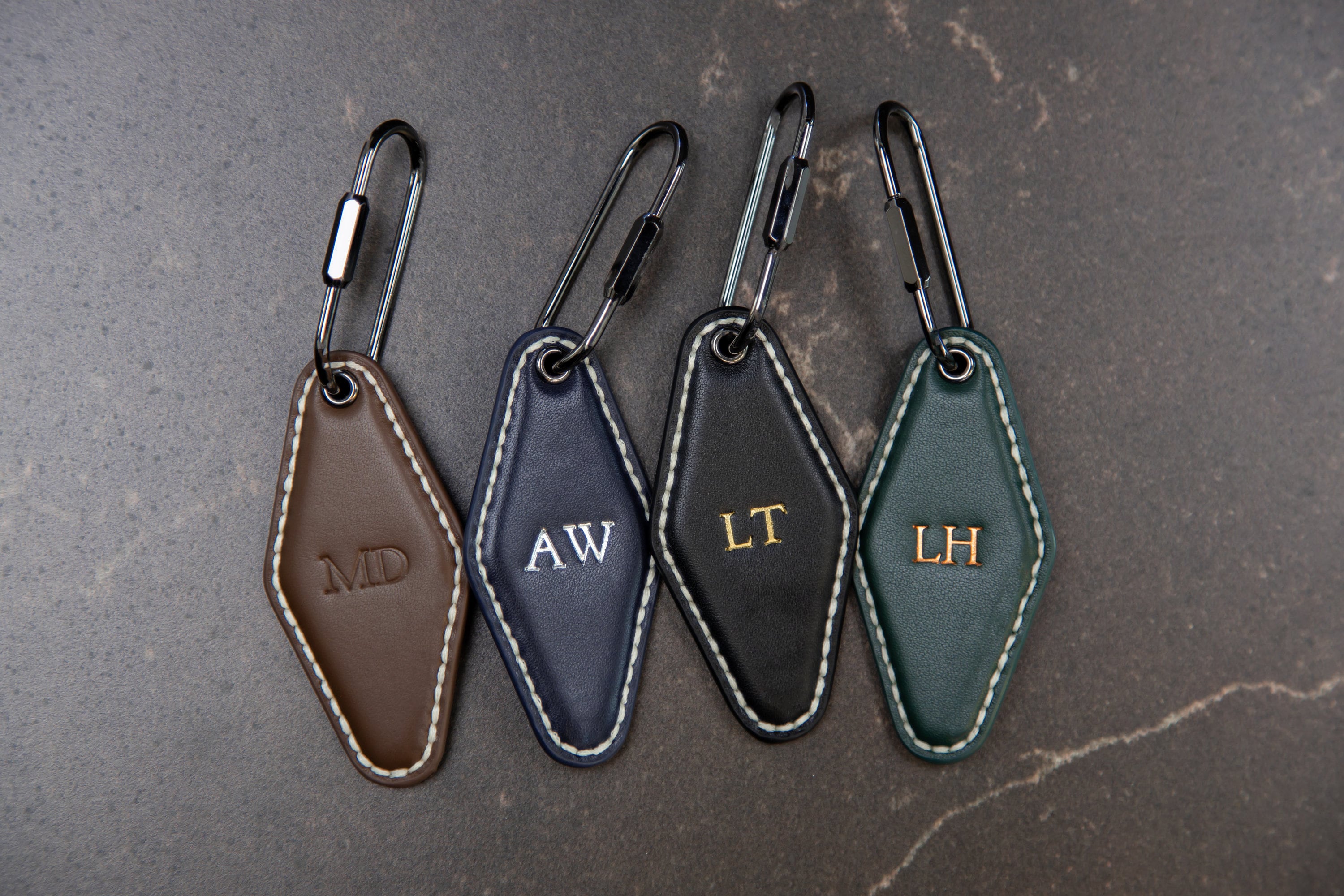 Embossed Diamond Leather Keychains (Small Initials) - Minimalist Leather Key Ring Organizer, Bag Tag, Custom Gift for Husband Dad Boyfriend
