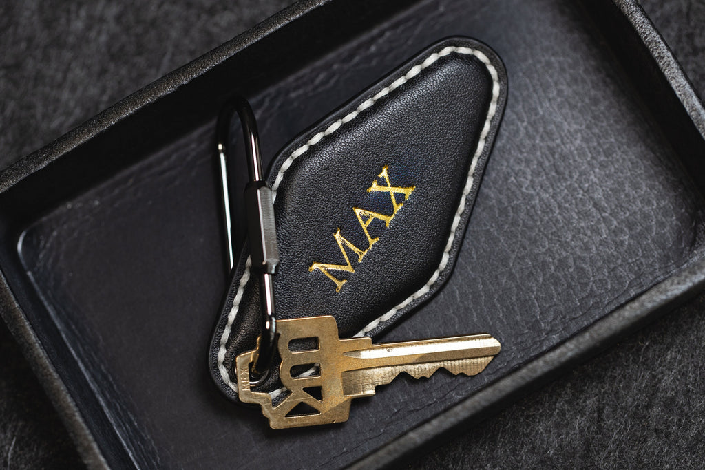 Embossed Diamond Leather Keychains (Name) - Modern Leather Keychain Fob, Custom Gift for New Driver, Student Car Key Holder, Back to School