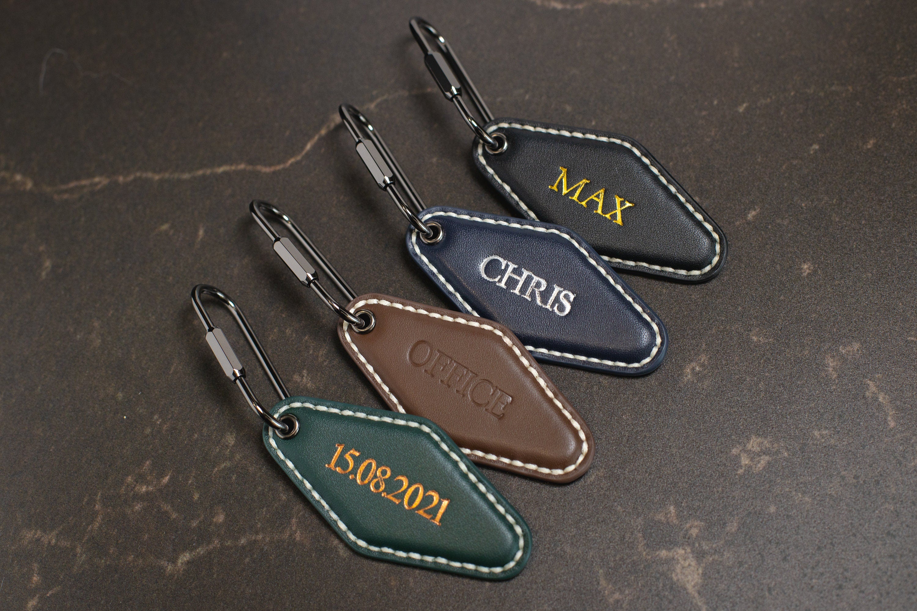 Embossed Diamond Leather Keychains (Name) - Modern Leather Keychain Fob, Custom Gift for New Driver, Student Car Key Holder, Back to School