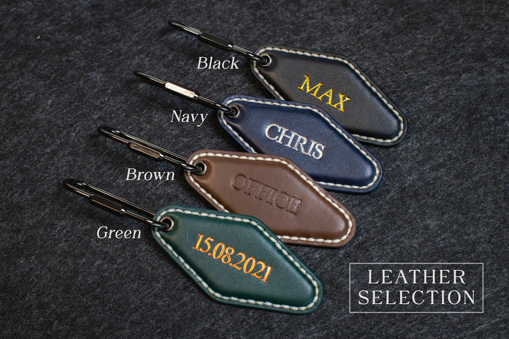 Embossed Diamond Leather Keychains (Name) - Modern Leather Keychain Fob, Custom Gift for New Driver, Student Car Key Holder, Back to School