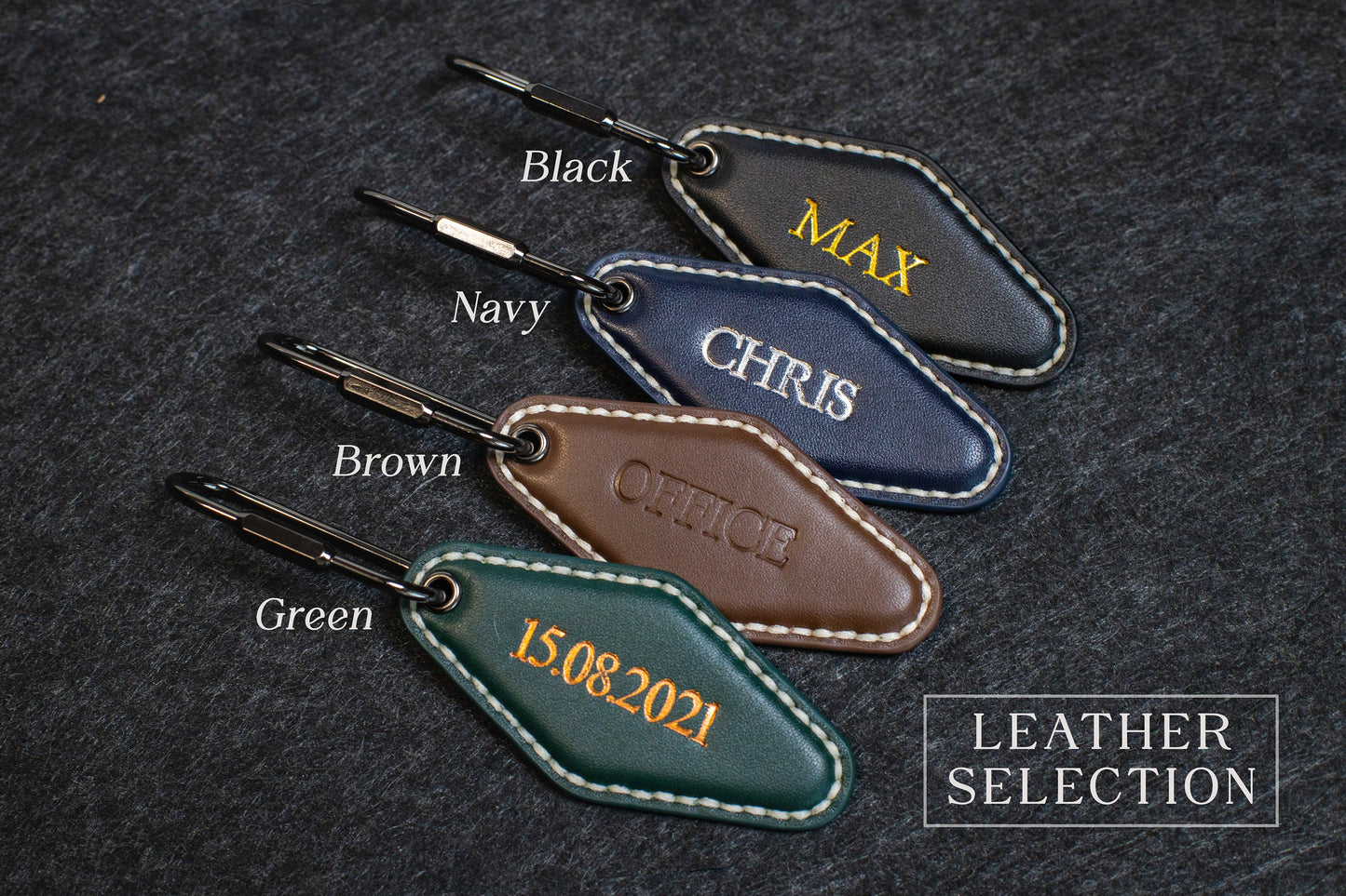 Embossed Diamond Leather Keychains (Name) - Modern Leather Keychain Fob, Custom Gift for New Driver, Student Car Key Holder, Back to School