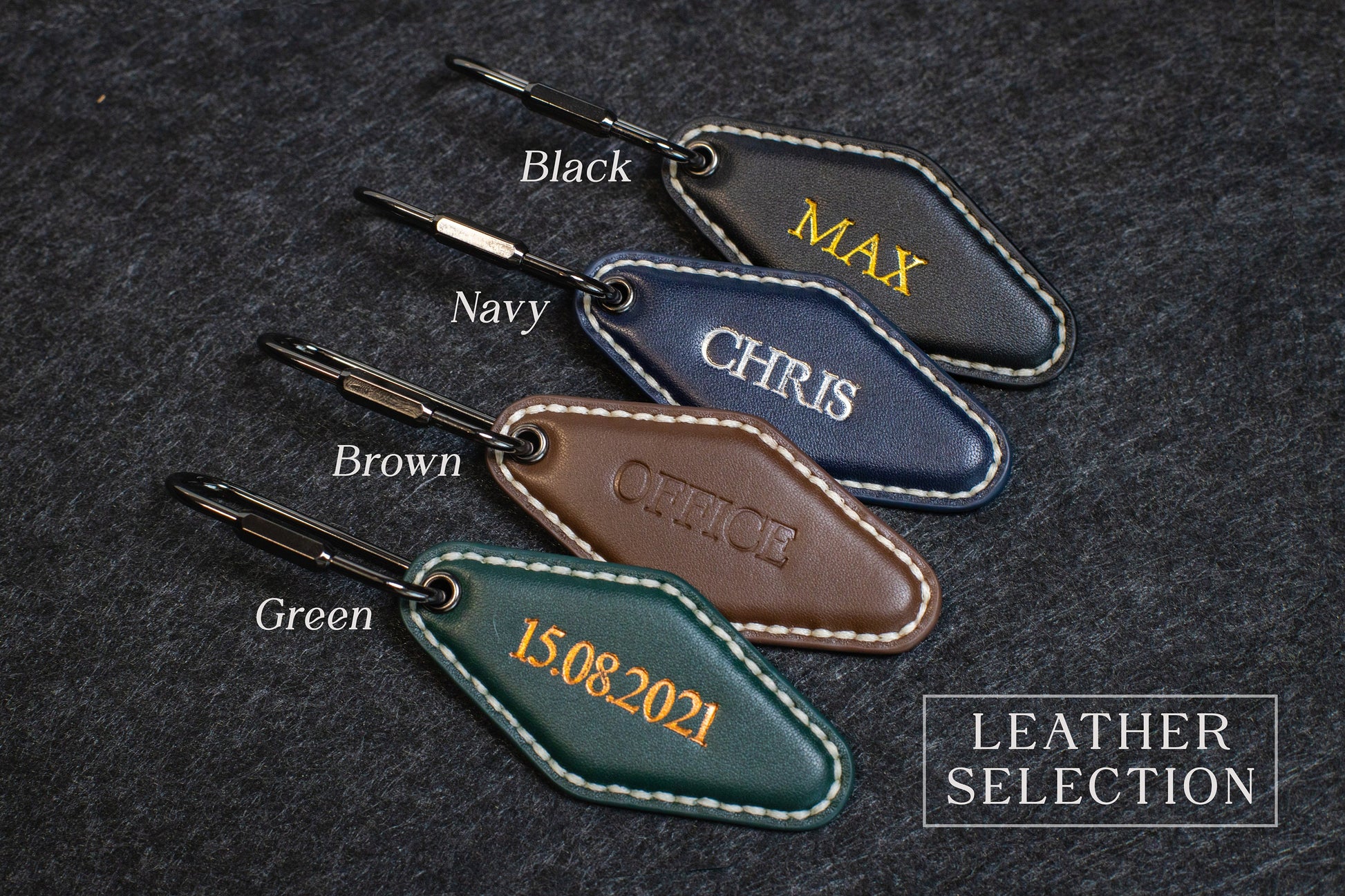 Embossed Diamond Leather Keychains (Name) - Modern Leather Keychain Fob, Custom Gift for New Driver, Student Car Key Holder, Back to School