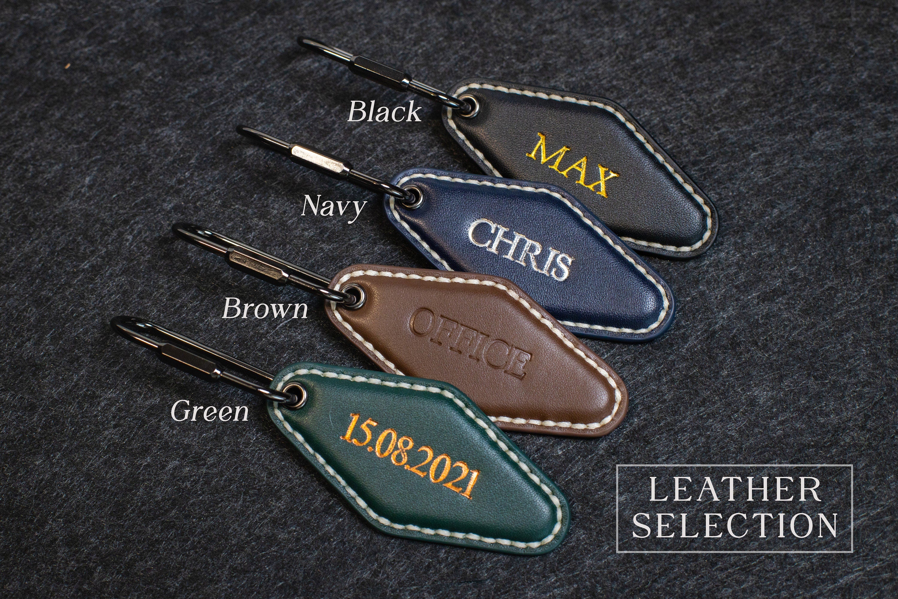 Embossed Diamond Leather Keychains (Name) - Modern Leather Keychain Fob, Custom Gift for New Driver, Student Car Key Holder, Back to School