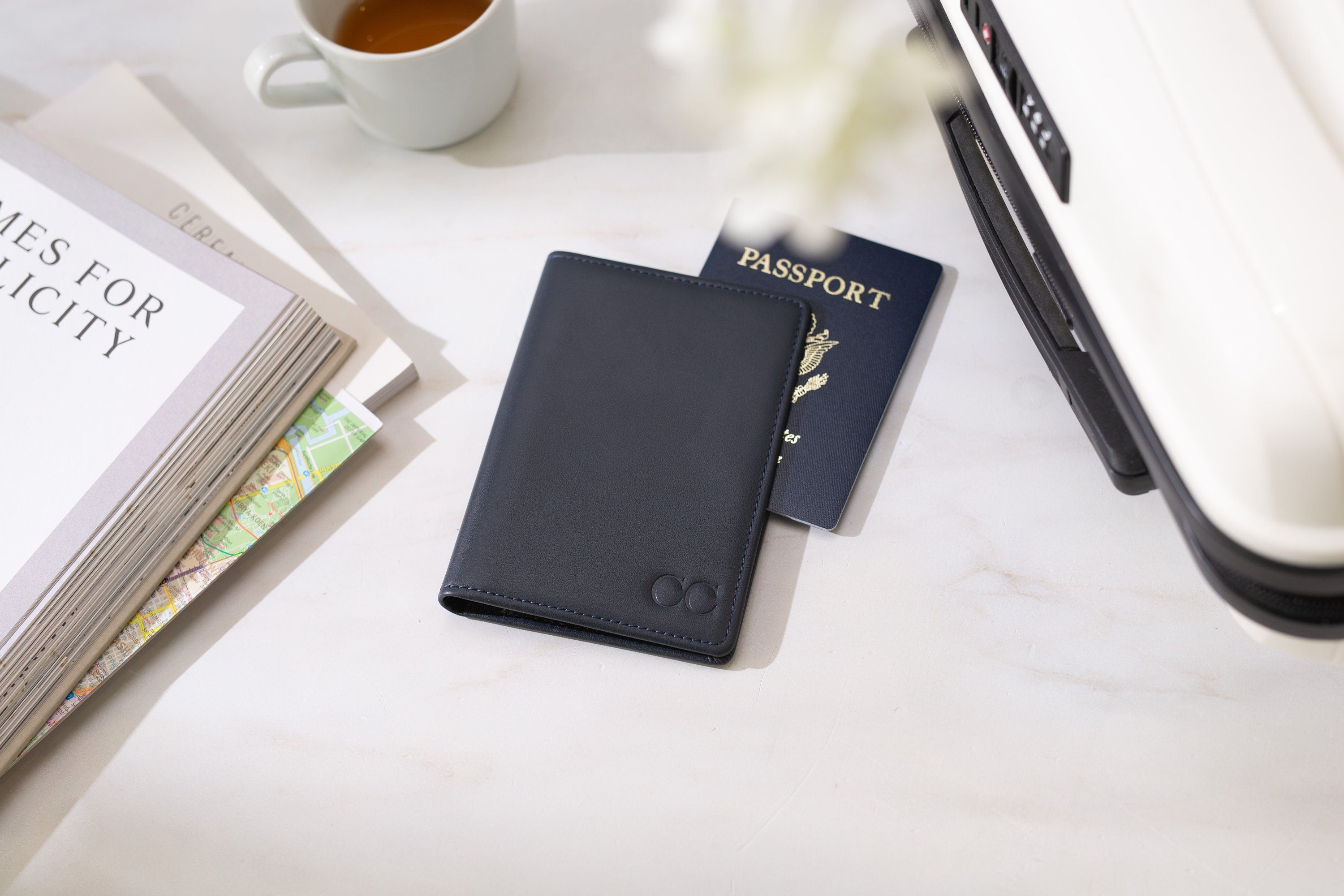 Embossed leather passport holder - custom monogram name travel wallet, retiree gift, company corporate business anniversary, dad gift idea