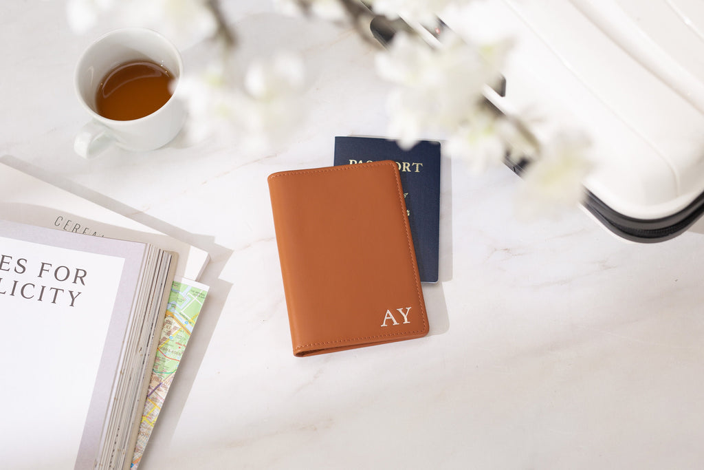 Embossed leather passport holder - custom monogram name travel wallet, retiree gift, company corporate business anniversary, dad gift idea