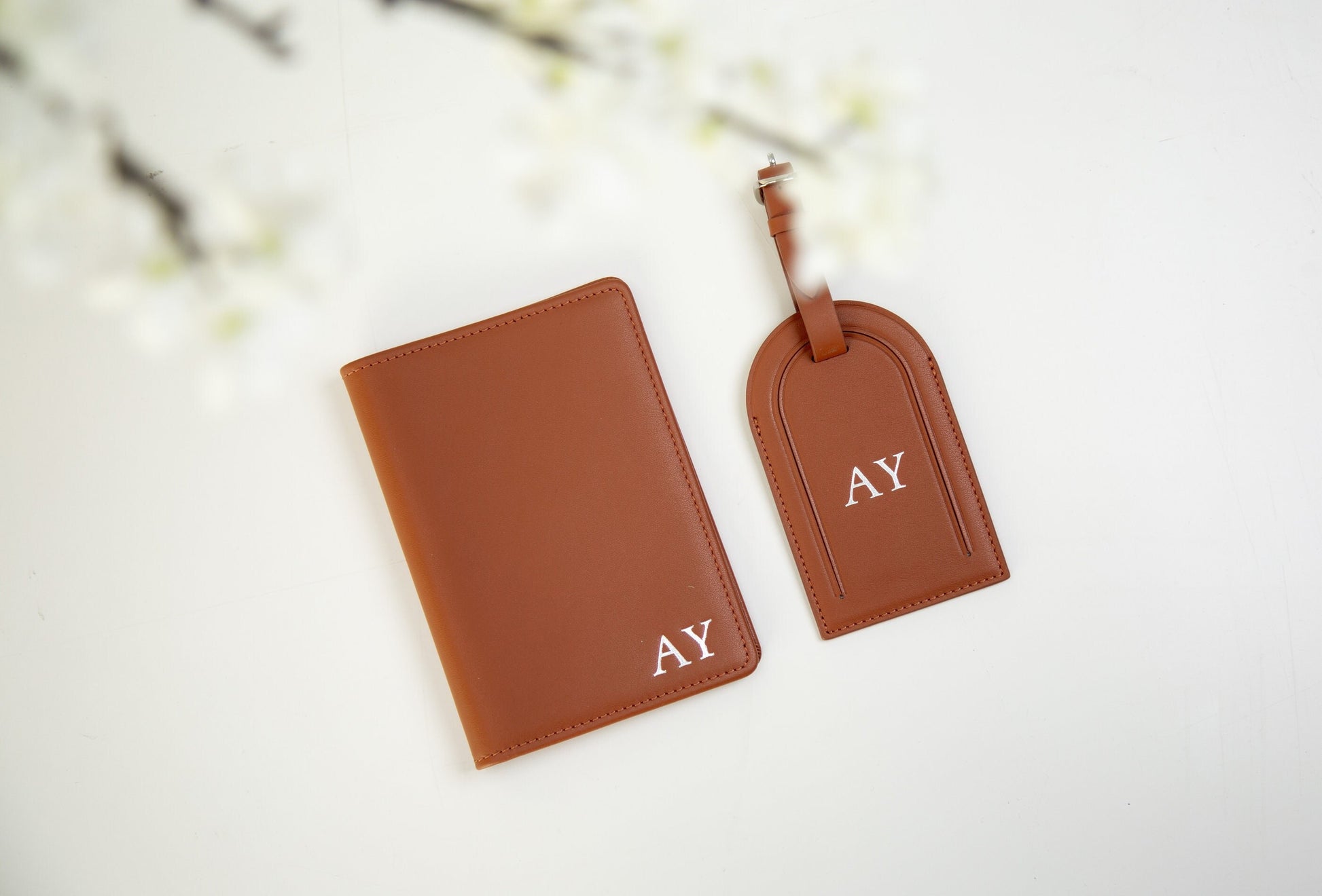 Embossed leather passport holder & embossed luggage tag (set) - Custom gift for her mom, 3rd anniversary gift, destination wedding suitcase