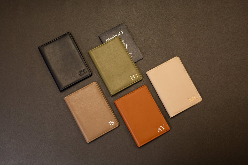 Embossed leather passport holder - custom monogram name travel wallet, retiree gift, company corporate business anniversary, dad gift idea
