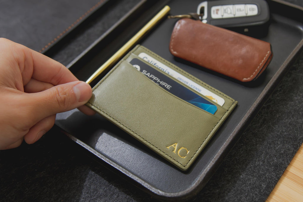 Embossed Leather card holder - custom monogram name initials slim money id wallet, 3rd anniversary gifts for him her, mom dad gift ideas