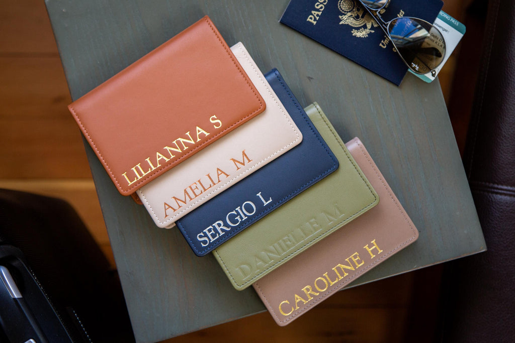 Embossed leather passport holder - custom monogram name travel wallet, retiree gift, company corporate business anniversary, dad gift idea