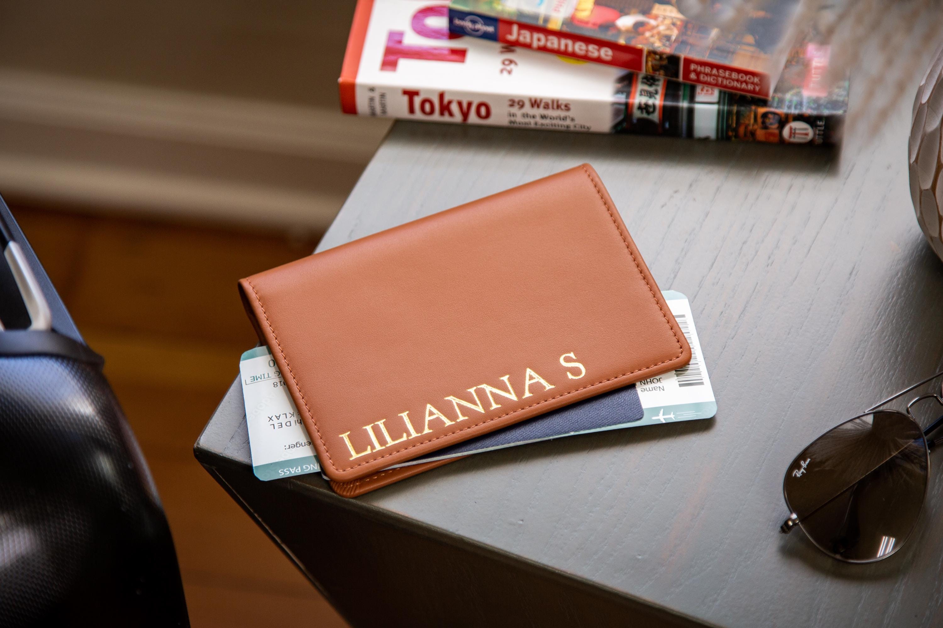 Embossed leather passport holder - custom monogram name travel wallet, retiree gift, company corporate business anniversary, dad gift idea
