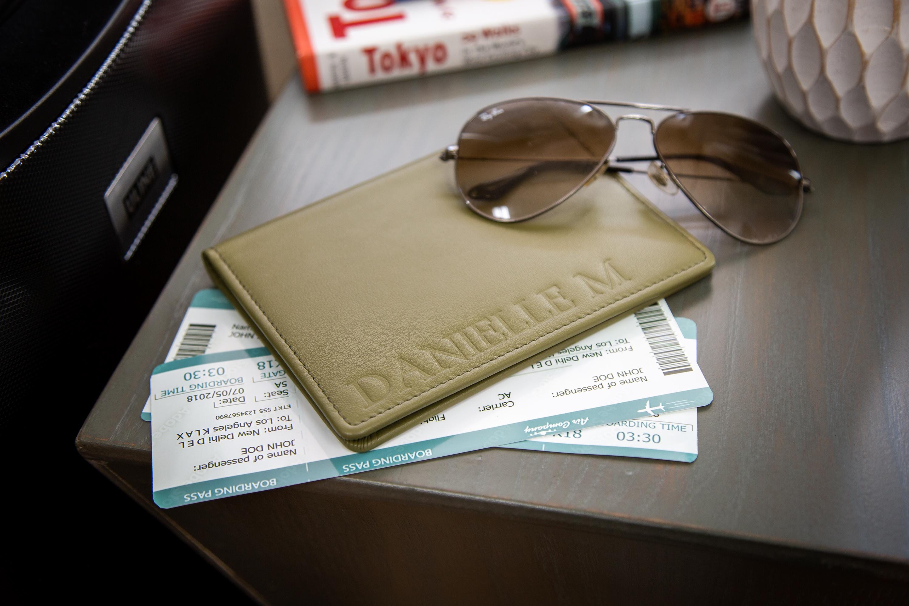 Embossed leather passport holder - custom monogram name travel wallet, retiree gift, company corporate business anniversary, dad gift idea