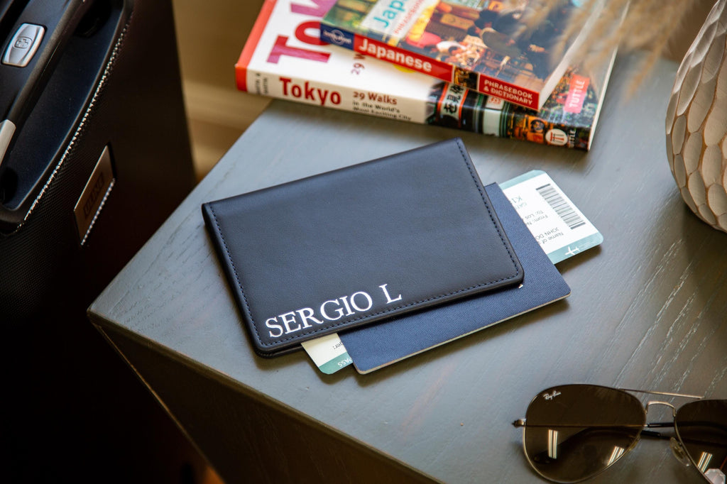 Embossed leather passport holder - custom monogram name travel wallet, retiree gift, company corporate business anniversary, dad gift idea