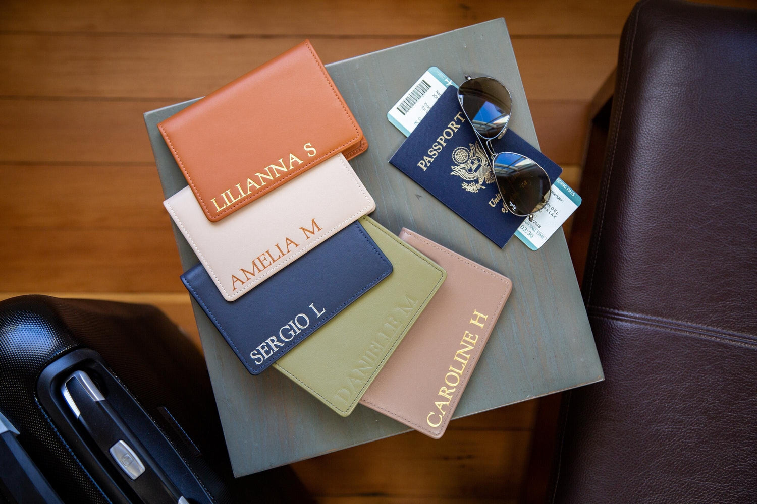 Embossed leather passport holder - custom monogram name travel wallet, retiree gift, company corporate business anniversary, dad gift idea