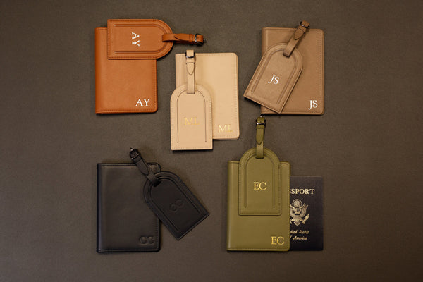 Embossed leather passport holder & embossed luggage tag (set) - Gift for wife, mom, 3rd anniversary gift, destination wedding suitcase