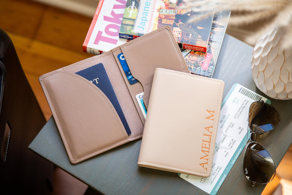Embossed leather passport holder - custom monogram name travel wallet, retiree gift, company corporate business anniversary, dad gift idea
