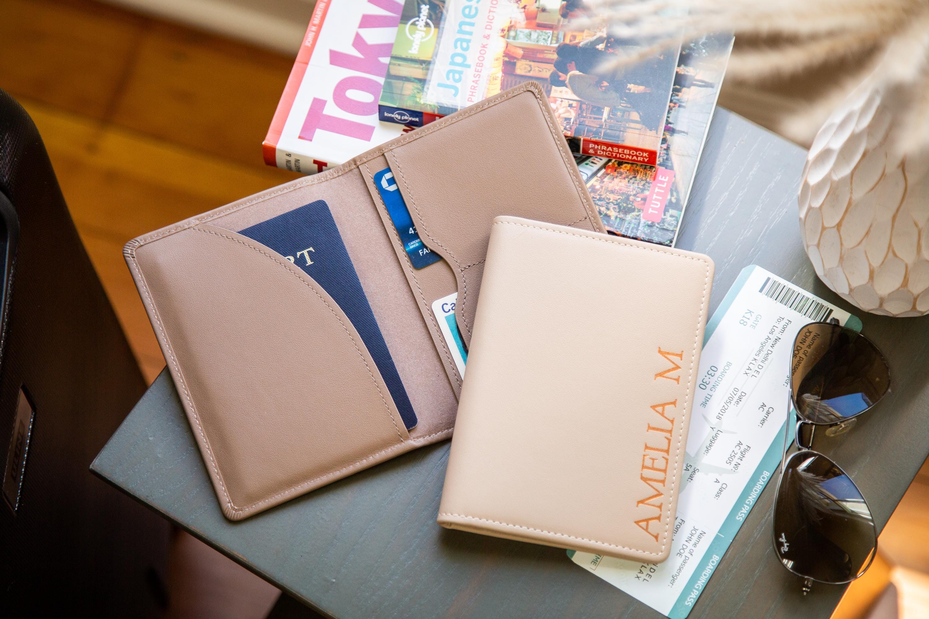 Embossed leather passport holder - custom monogram name travel wallet, retiree gift, company corporate business anniversary, dad gift idea