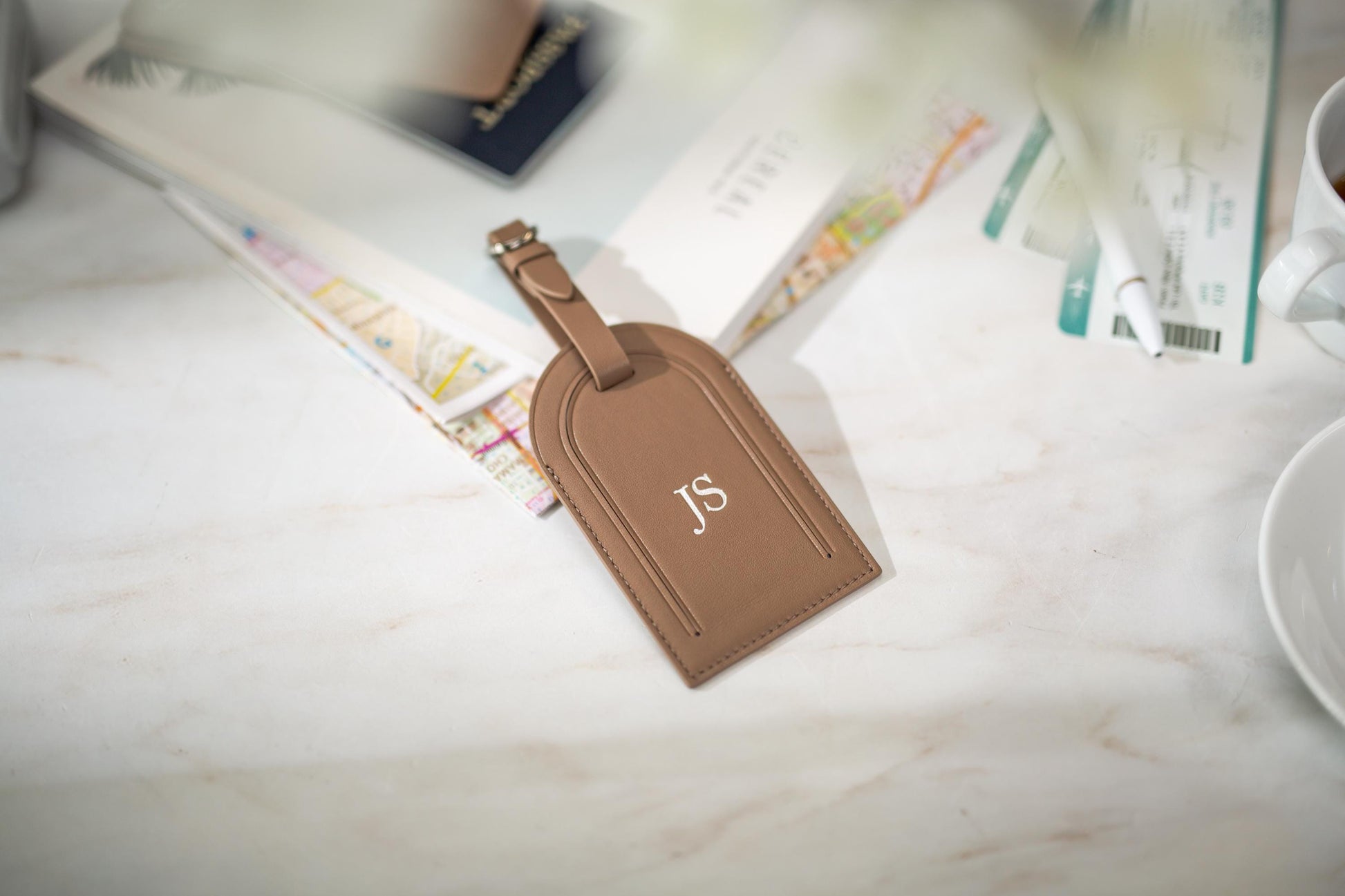 Embossed Monogram Luggage Tag (Latte) - Custom personalized suitcase tag, Travel, Bag name tags, birthday destination wedding gift