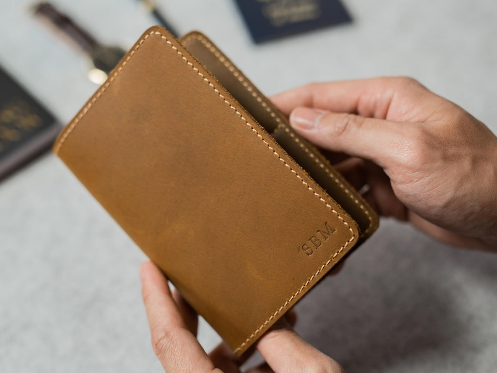 Embossed Monogram Distressed Leather Passport Holder - personalized genuine leather travel wallet gift for traveler dad brother rustic
