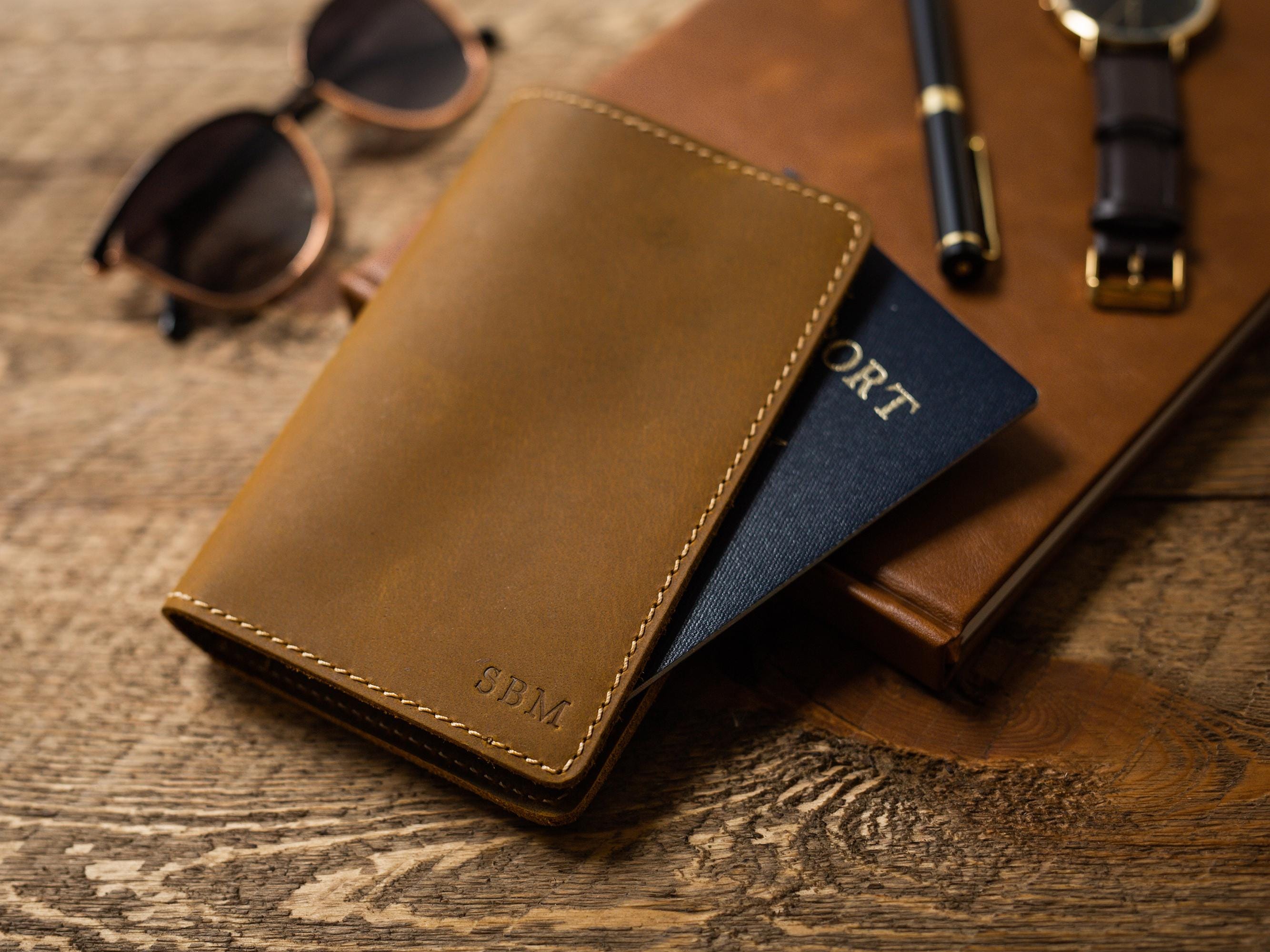 Embossed Monogram Distressed Leather Passport Holder - personalized genuine leather travel wallet gift for traveler dad brother rustic