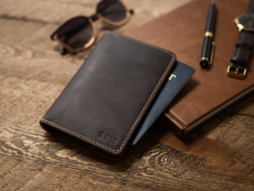 Embossed Monogram Distressed Leather Passport Holder - personalized genuine leather travel wallet gift for traveler dad brother rustic