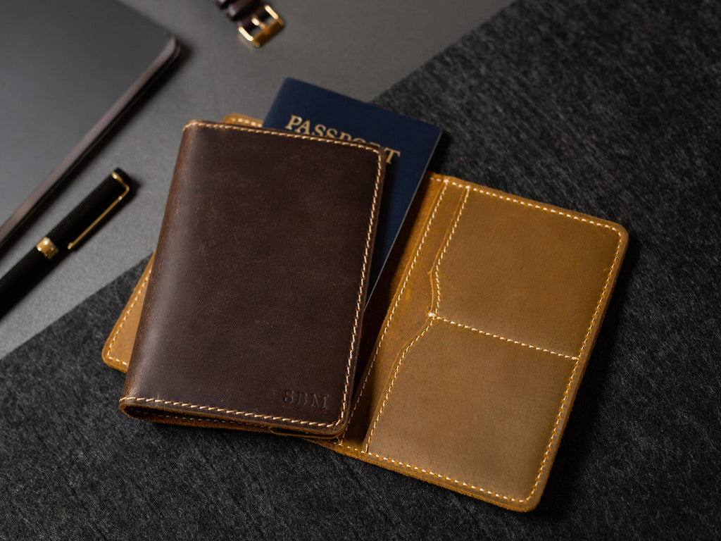 Embossed Monogram Distressed Leather Passport Holder - personalized genuine leather travel wallet gift for traveler dad brother rustic