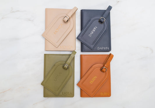 Embossed leather passport holder & embossed luggage tag (set) - travel card wallet, 3rd anniversary gift, destination wedding, gift for mom