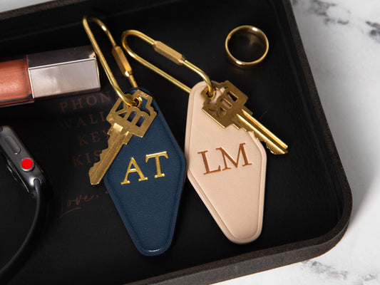 Embossed diamond leather keychain (initials) - modern key rings, custom monogrammed vintage style personalized key chain gift, weekend trips