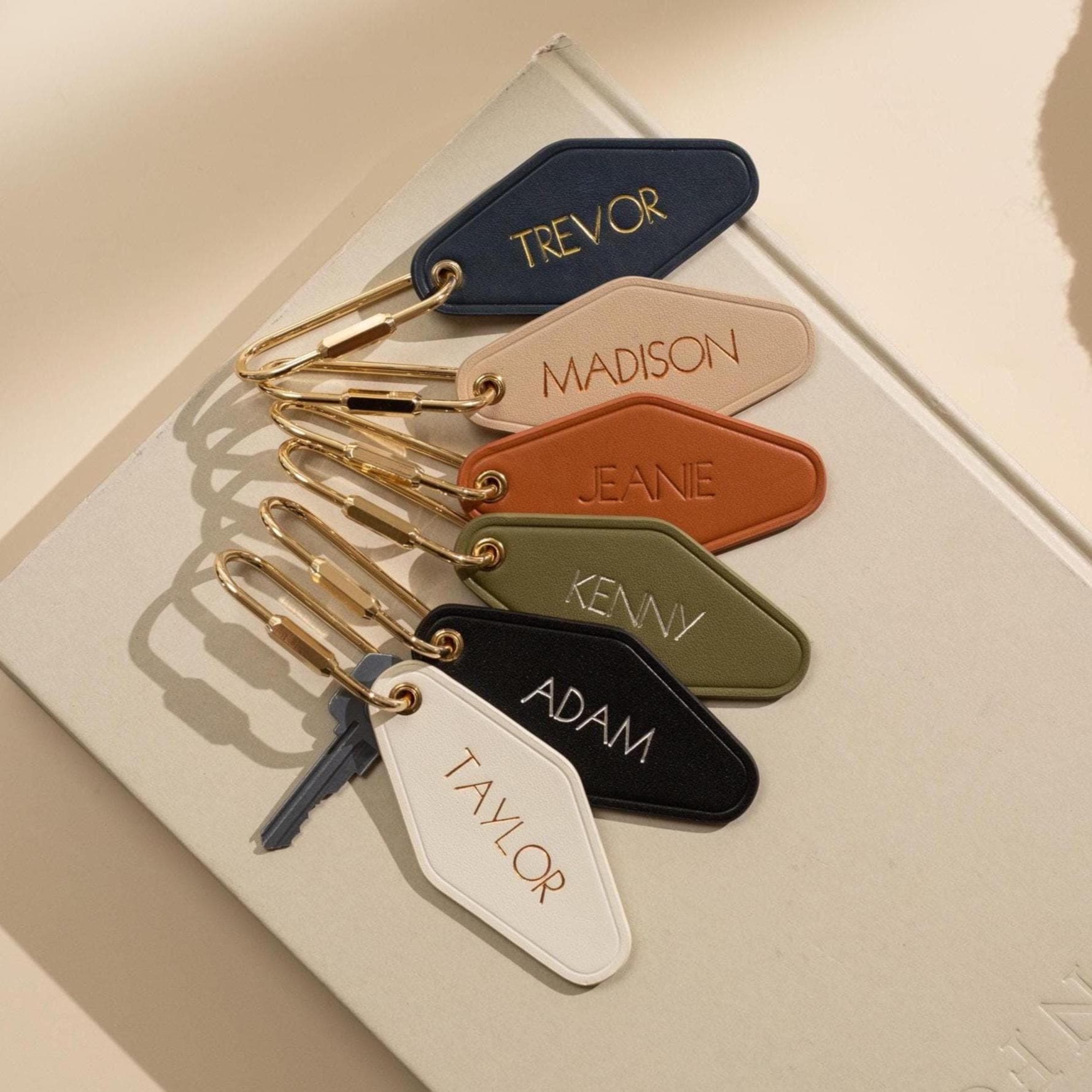 Embossed diamond leather keychain (name) - modern luxury key chain fob, travel luggage bag tag, vintage style hotel motel office keys ring