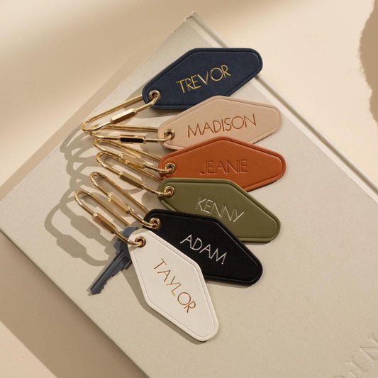 Embossed diamond leather keychain (name) - modern luxury key chain fob, travel luggage bag tag, vintage style hotel motel office keys ring