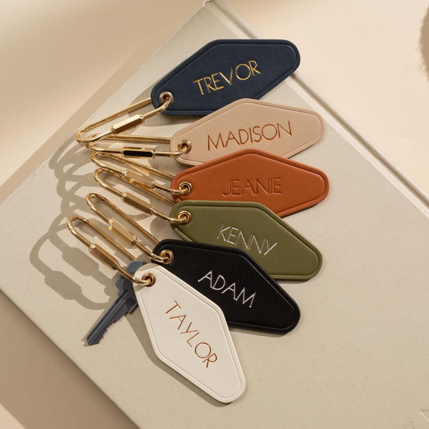 Embossed diamond leather keychain (name) - luxury key chain fob personalized 3rd anniversary gift matching keyrings for wife husband couple