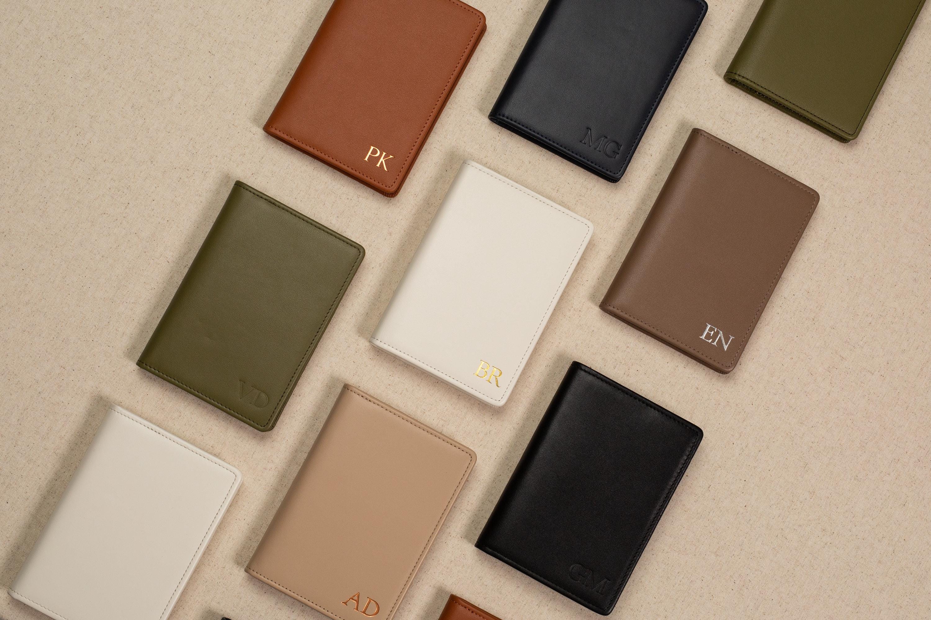 Embossed leather passport holder - custom monogram name travel wallet, retiree gift, company corporate business anniversary, dad gift idea