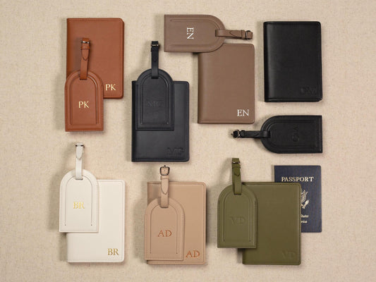Embossed leather passport holder & embossed luggage tag (set) - Gift for wife, mom, 3rd anniversary gift, destination wedding suitcase