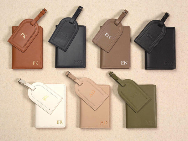 Embossed leather passport holder & embossed luggage tag (set) - Custom gift for her mom, 3rd anniversary gift, destination wedding suitcase