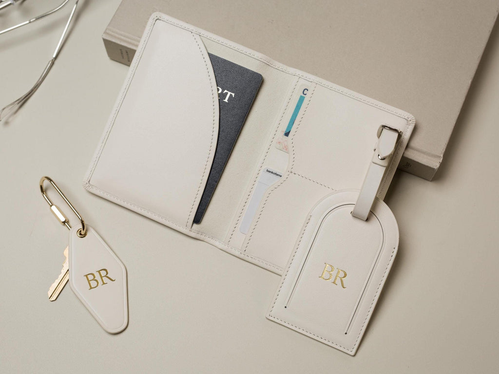 Embossed Monogram Leather Passport Holder, Luggage tag, Diamond Keychain (3 pcs Gift Set) - Gift for husband, bride groom, anniversary