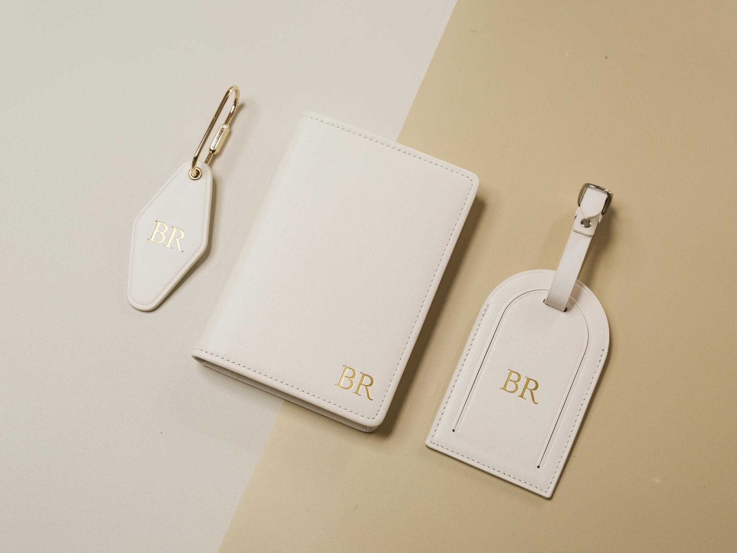 Embossed Monogram Leather Passport Holder, Luggage tag, Diamond Keychain (3 pcs Gift Set) - Gift for husband, bride groom, anniversary