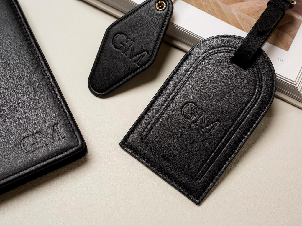 Embossed Monogram Leather Passport Holder, Luggage tag, Diamond Keychain (3 pcs Gift Set) - Gift for husband, bride groom, anniversary