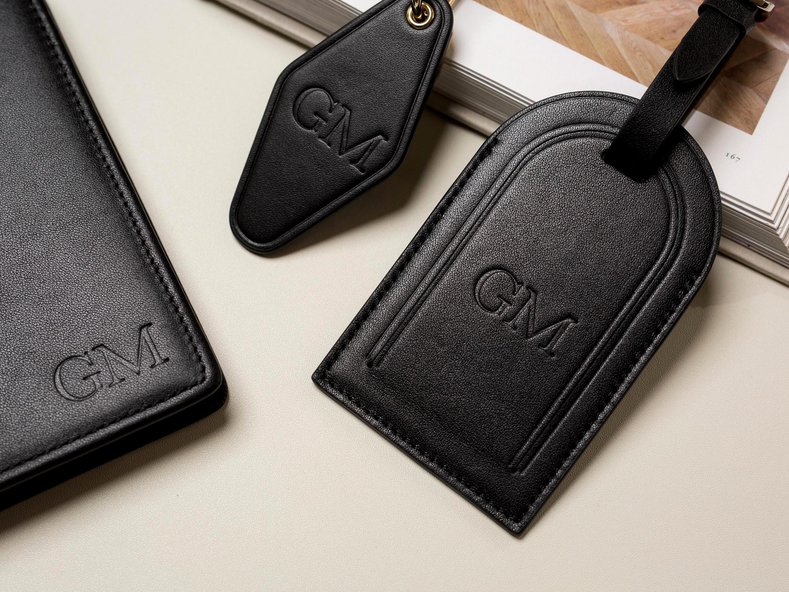 Embossed Monogram Leather Passport Holder, Luggage tag, Diamond Keychain (3 pcs Gift Set) - Gift for husband, bride groom, anniversary