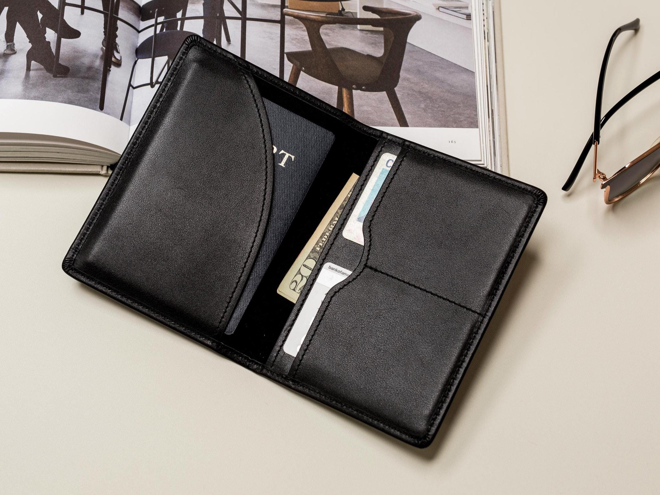 Embossed Monogram Leather Passport Holder, Luggage tag, Diamond Keychain (3 pcs Gift Set) - Gift for husband, bride groom, anniversary