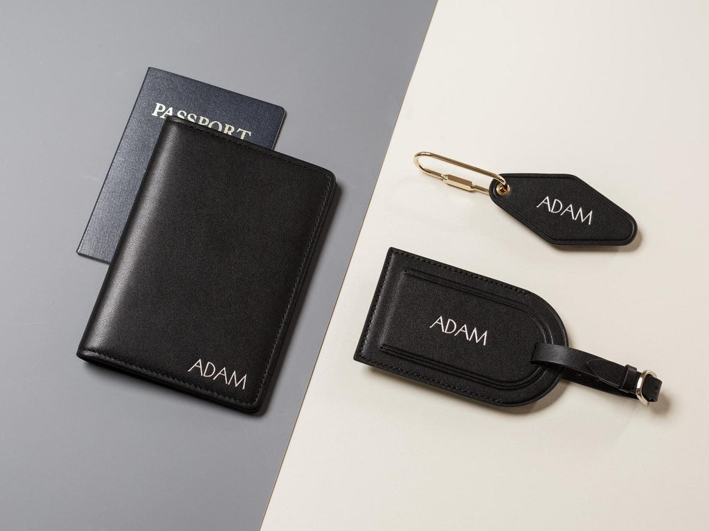 Embossed Name Leather Passport Holder, Luggage tag, Diamond Keychain (3 pcs Set) - Gift for wife, bride, groom honeymoon, 3rd anniversary
