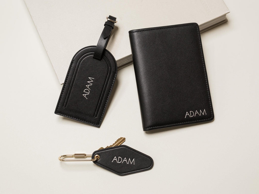 Embossed Name Leather Passport Holder, Luggage tag, Diamond Keychain (3 pcs Set) - Gift for wife, bride, groom honeymoon, 3rd anniversary