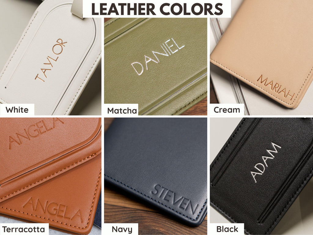 Embossed Name Leather Passport Holder, Luggage tag, Diamond Keychain (3 pcs Set) - Gift for wife, bride, groom honeymoon, 3rd anniversary