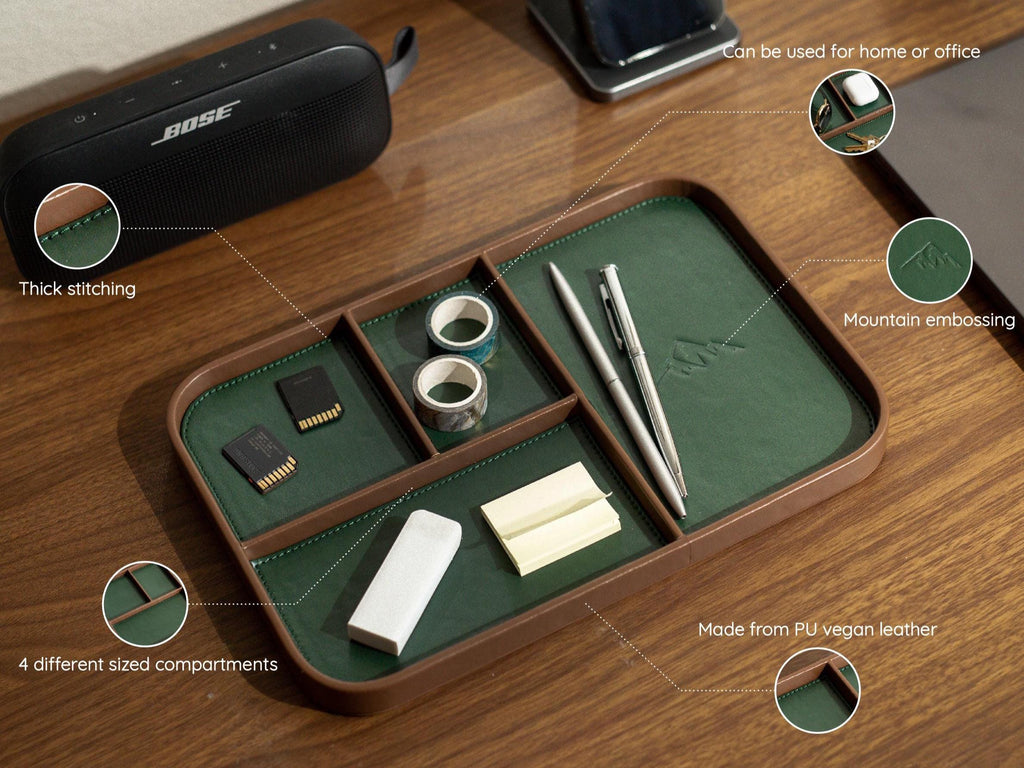 PU Leather Multitray - Catchall valet tray embossed mountain organizer desk nightstand entryway gift for dad (Ready to Ship)