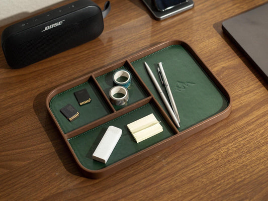 PU Leather Multitray - Catchall valet tray embossed mountain organizer desk nightstand entryway gift for dad (Ready to Ship)