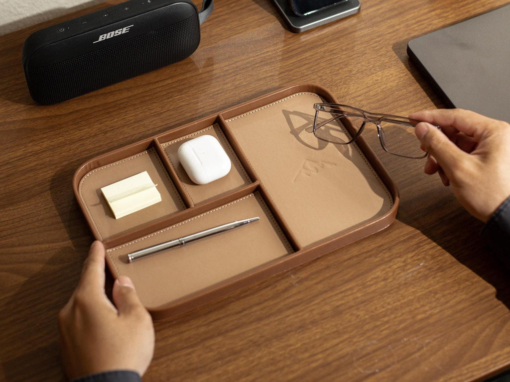 PU Leather Multitray - Catchall valet tray compartments embossed mountain gift for husband boyfriend office desk decor cabin (Ready to Ship)