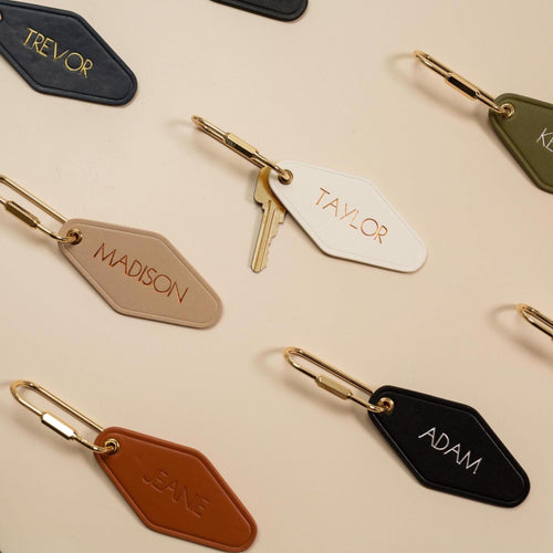 Embossed diamond leather keychain (name) - modern luxury key chain fob, travel luggage bag tag, vintage style hotel motel office keys ring